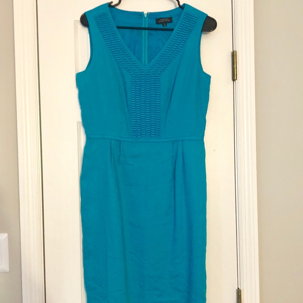 Tahari turquoise linen sheath dress